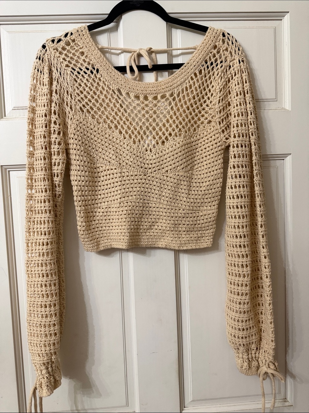Le Lis Cream Crochet Open-Weave Crop Top